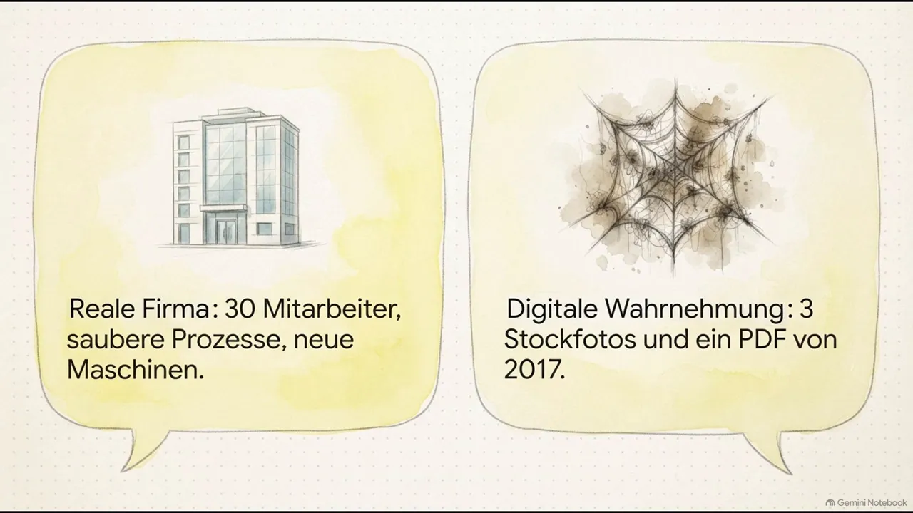 Zwei gegenübergestellte Karten beschreiben eine Firma mit 30 Mitarbeitenden und eine digitale Wahrnehmung mit Stockfotos und einem PDF von 2017
