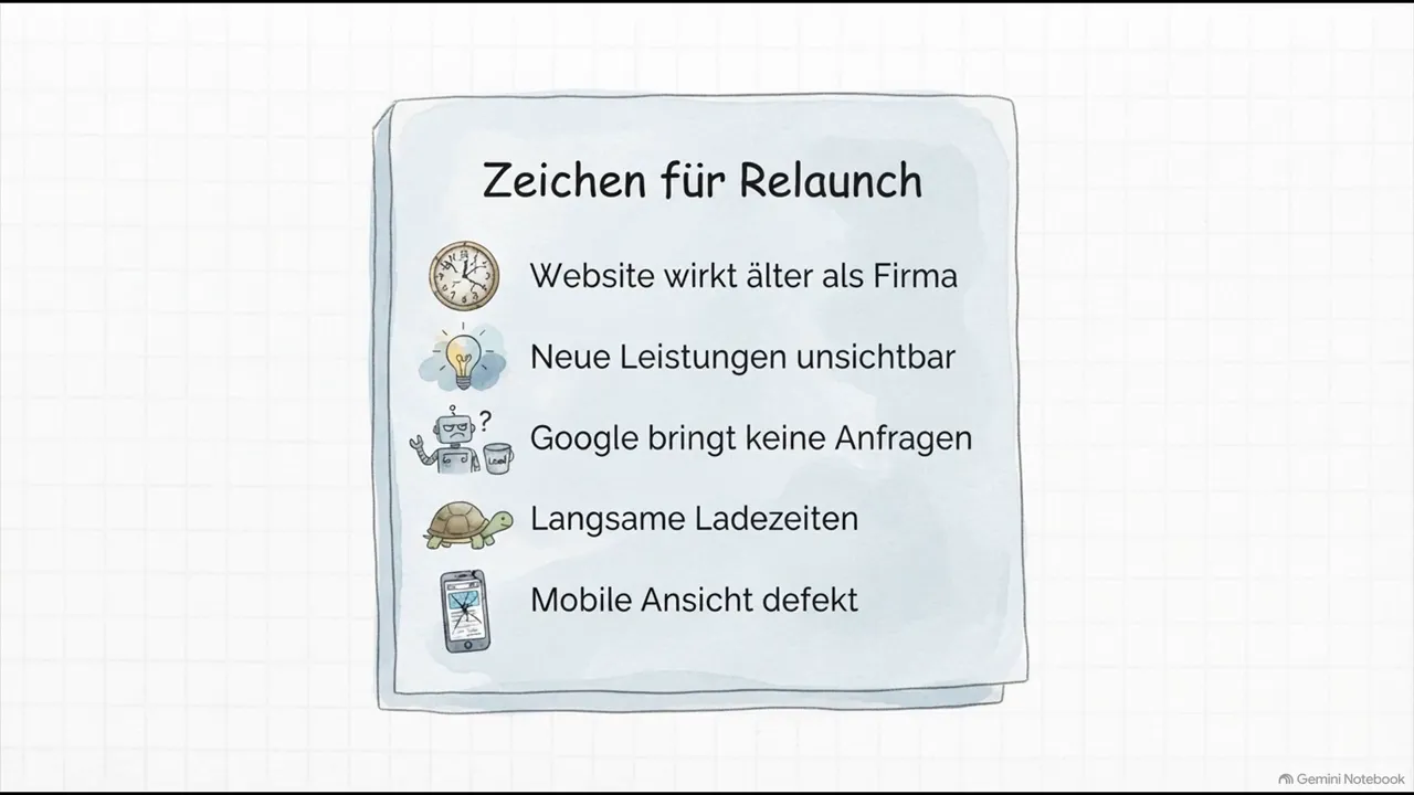 Folie mit der Überschrift Zeichen für Relaunch und einer Liste aus fünf Warnsignalen