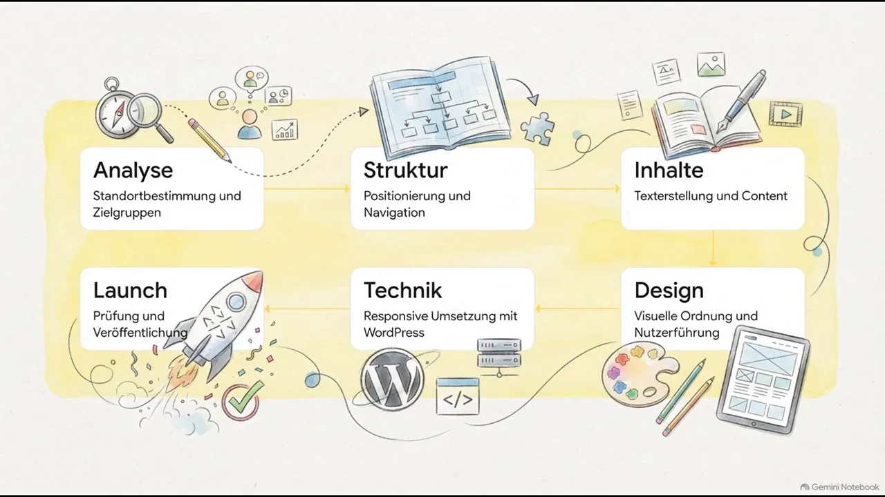 Grafik mit sechs Karten zu Analyse, Struktur, Inhalten, Design, Technik und Launch