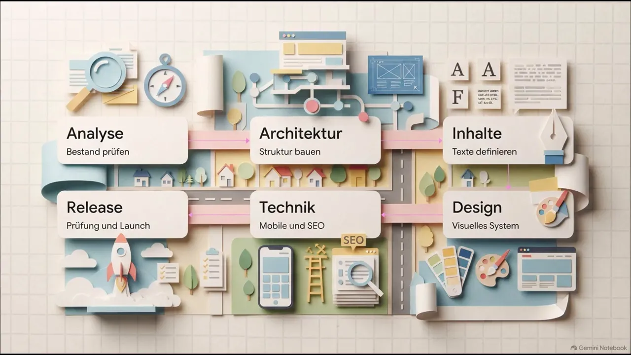 Diagramm mit sechs Feldern für Analyse, Architektur, Inhalte, Design, Technik und Release