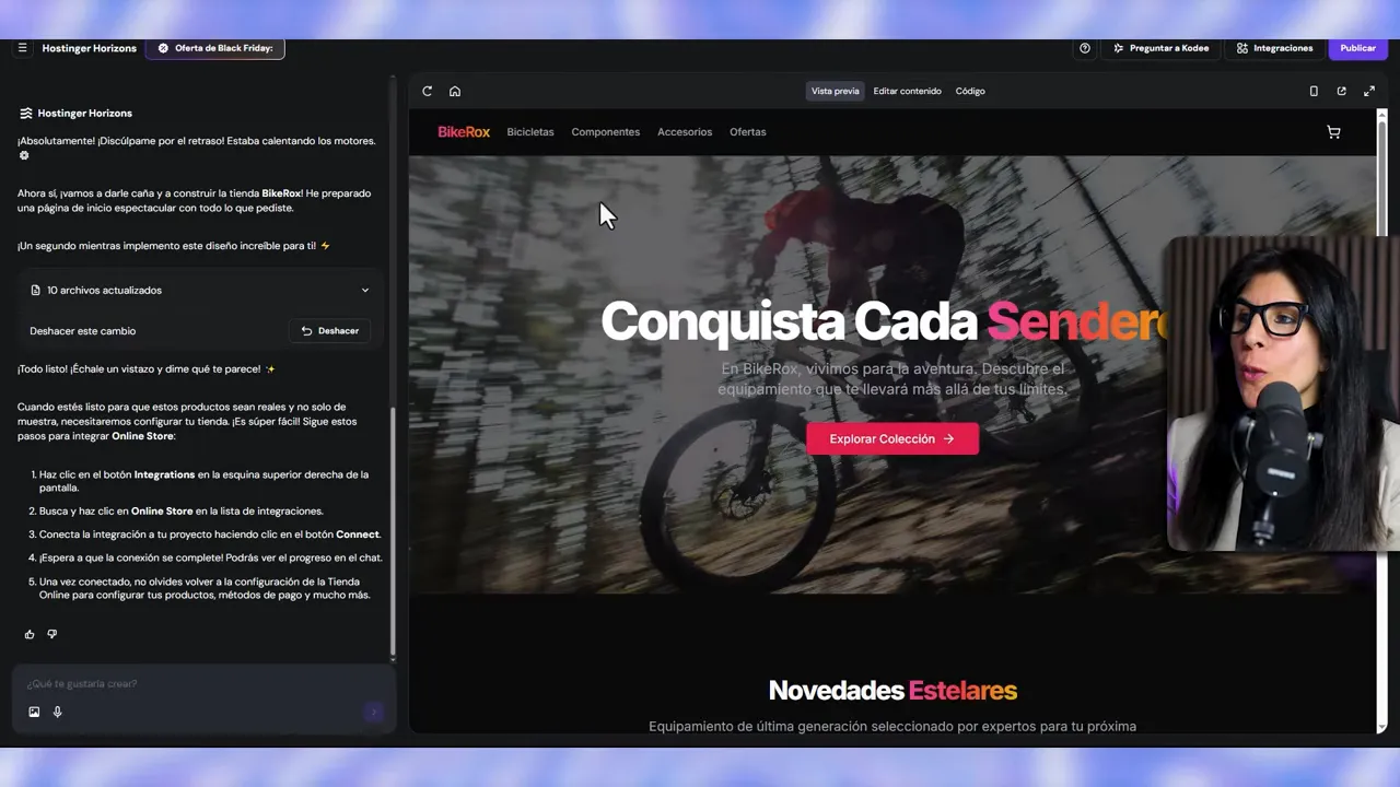 Vista previa del sitio BikeRox con hero 'Conquista Cada Sendero', botón 'Explorar Colección' y panel de edición a la izquierda