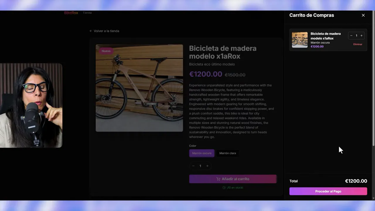 Carrito de compras abierto con artículo añadido y total de €1200 mostrando comprobación de stock