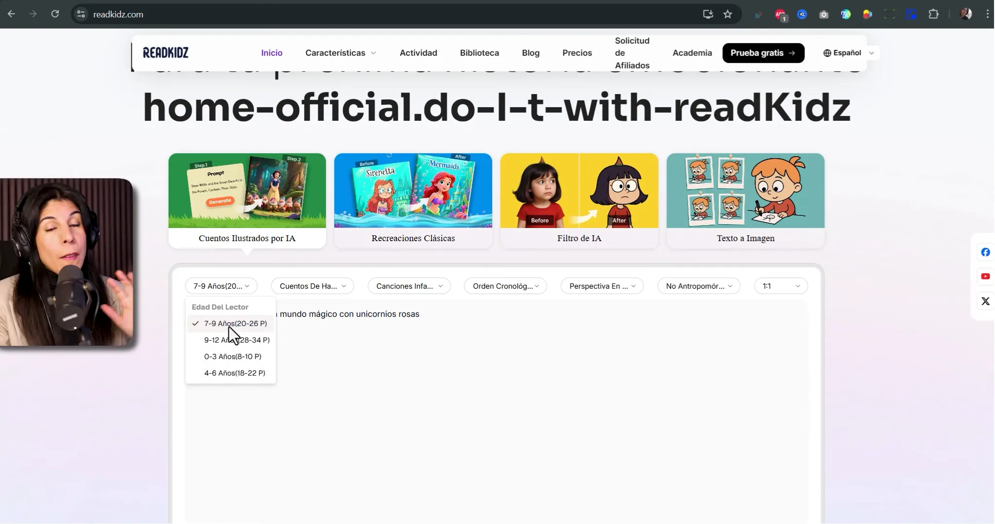 Menú desplegable de selección de edad en el panel de creación junto al campo donde se escribe la descripción del cuento