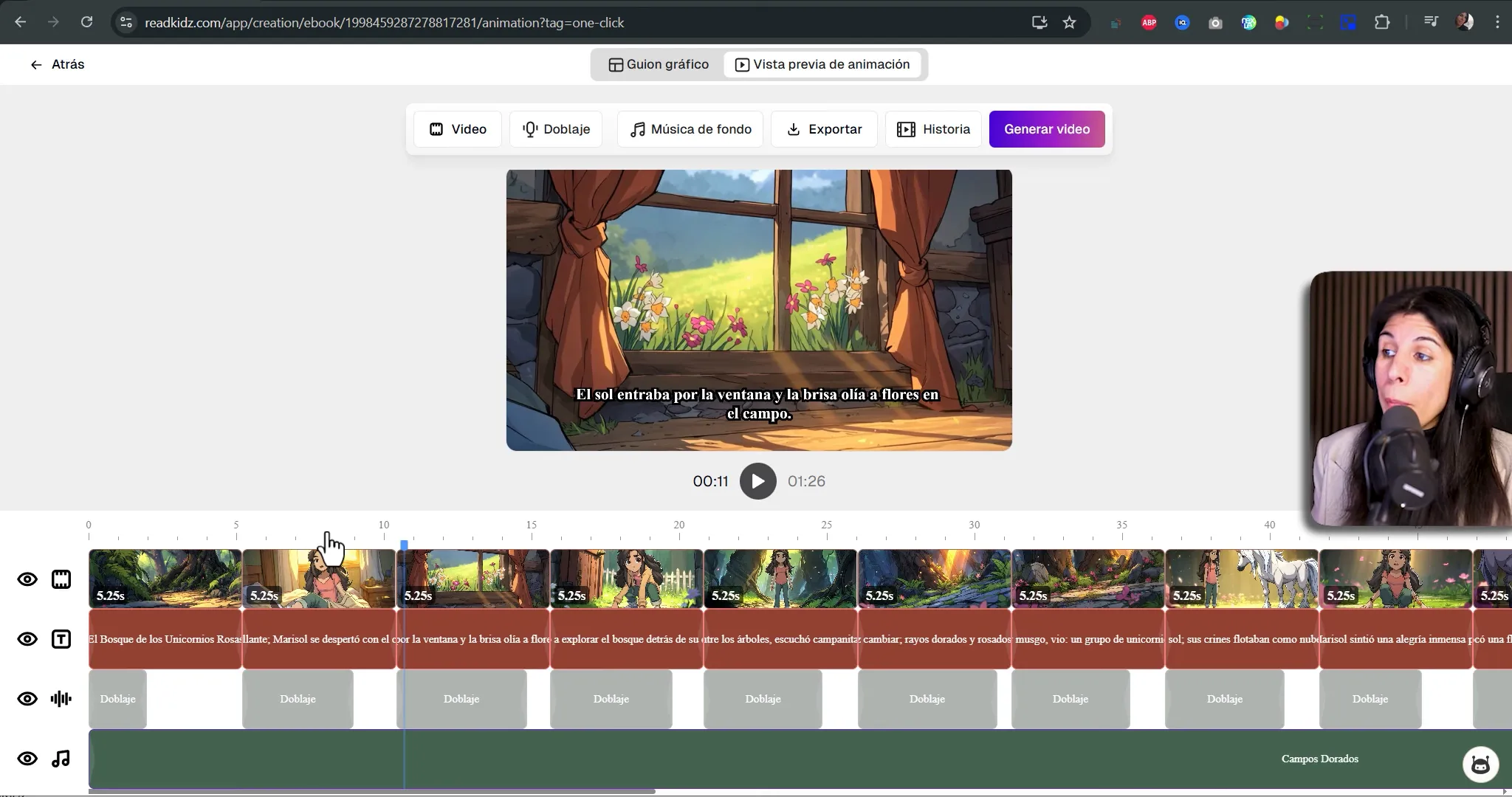 Editor de video mostrando la vista previa animada, bloques de doblaje y la pista de música 'Campos Dorados' en la línea de tiempo.