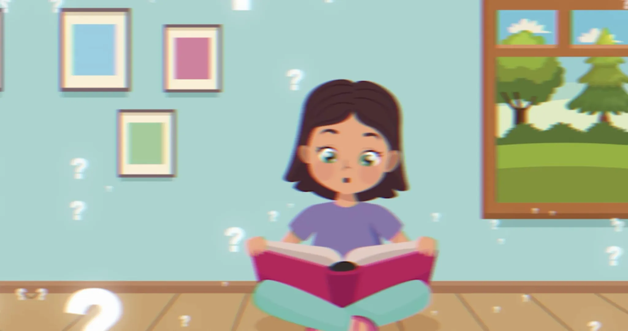 Ilustración de niña leyendo un libro con signos de interrogación en la habitación