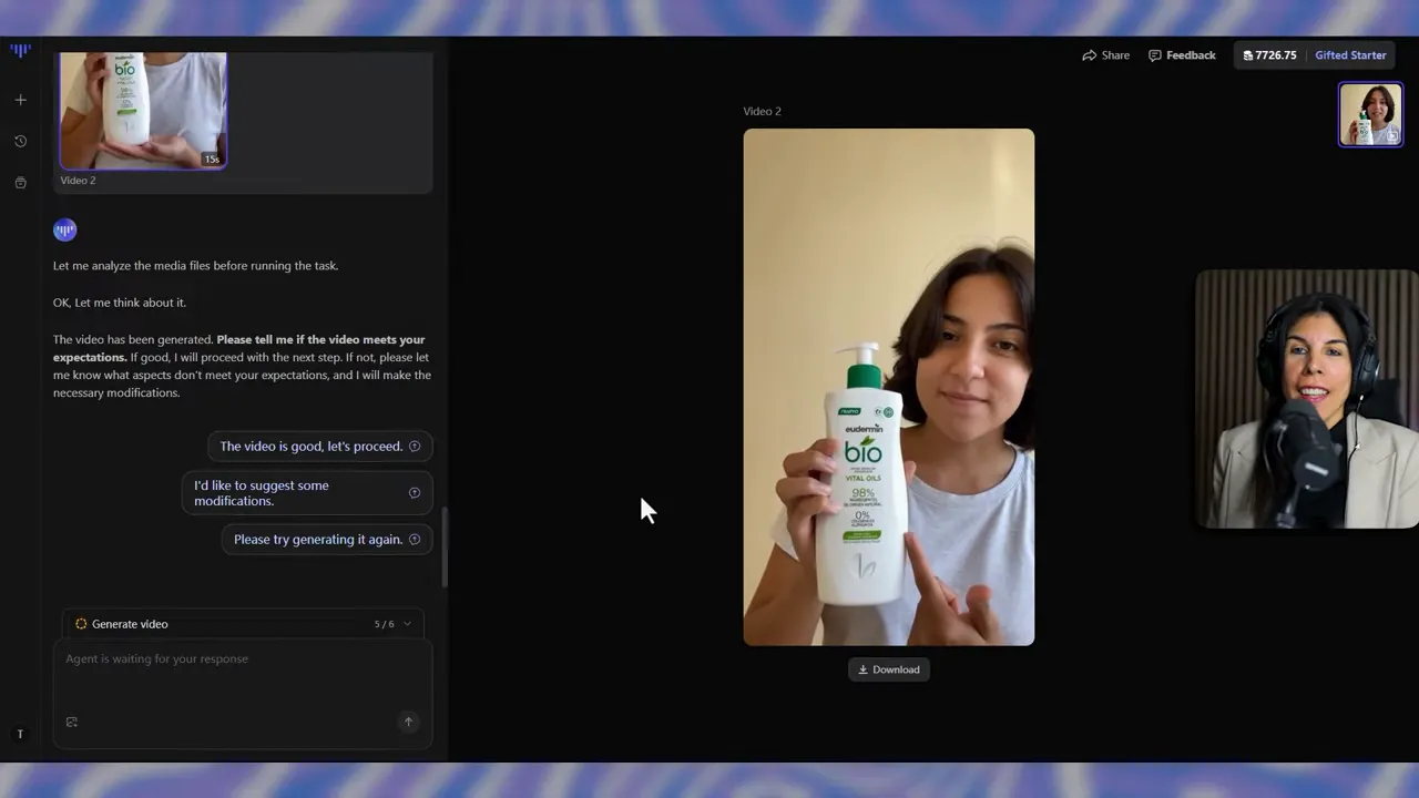 Previsualización final del vídeo con una persona sosteniendo y señalando un bote de producto, etiqueta claramente visible.