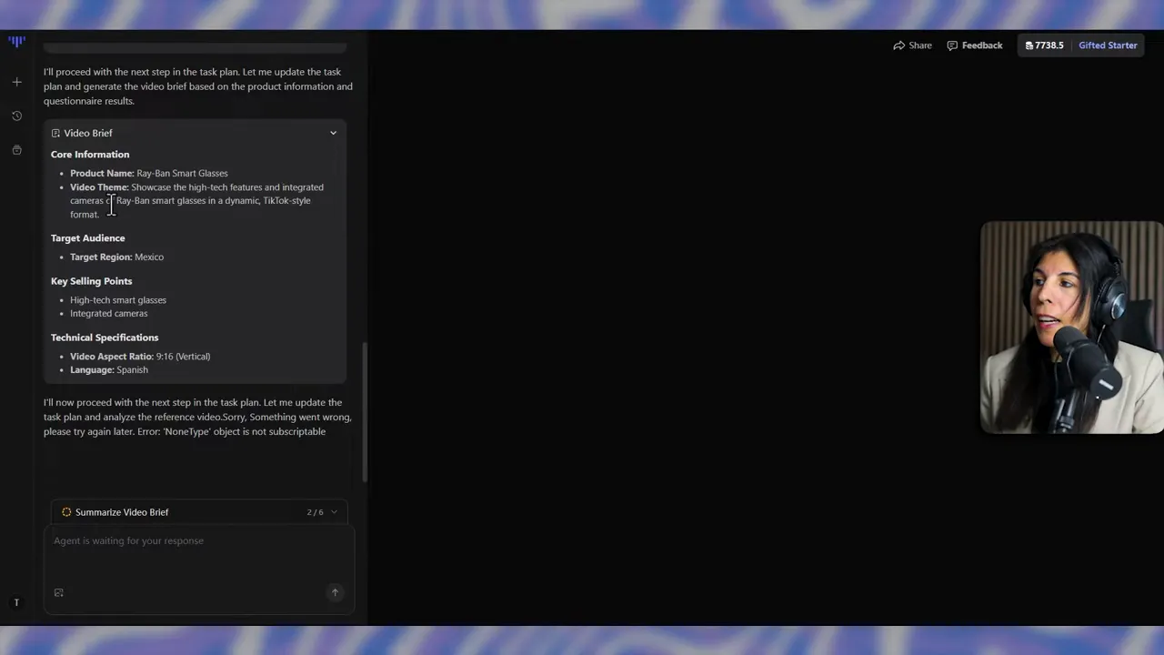 Interfaz de TopView mostrando el cuadro para 'Video Brief' con 'Product Name', 'Key Selling Points' y 'Technical Specifications' legibles