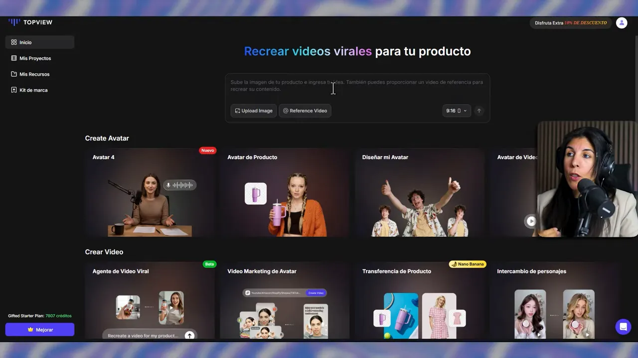 Interfaz de TopView con el cuadro para subir imagen o pegar referencia y selector 9:16 visible