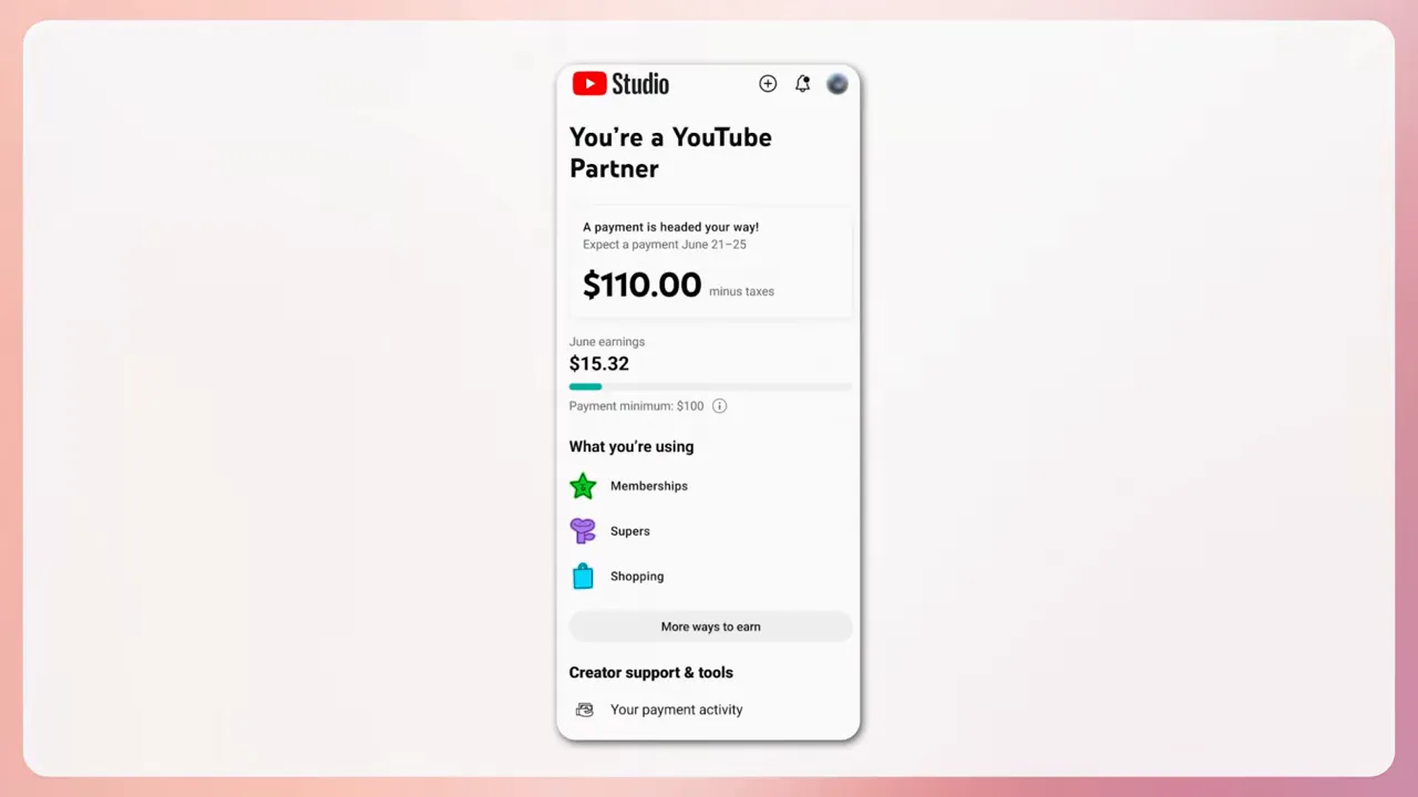 YouTube Studio payment card on a mobile mockup showing a payment amount and a 'Your payment activity' link.