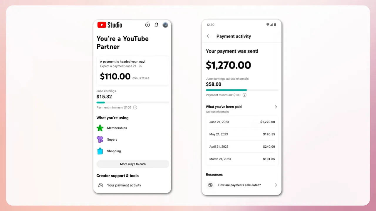 Two mobile screens in YouTube Studio: an account overview and the Payment activity screen showing aggregated total and per‑channel amounts.