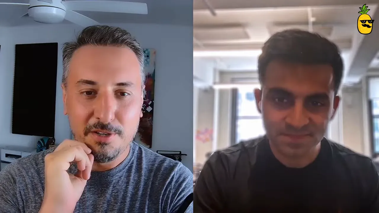 Split‑screen interview showing host and Approval AI founder discussing workflow and human checkpoints.