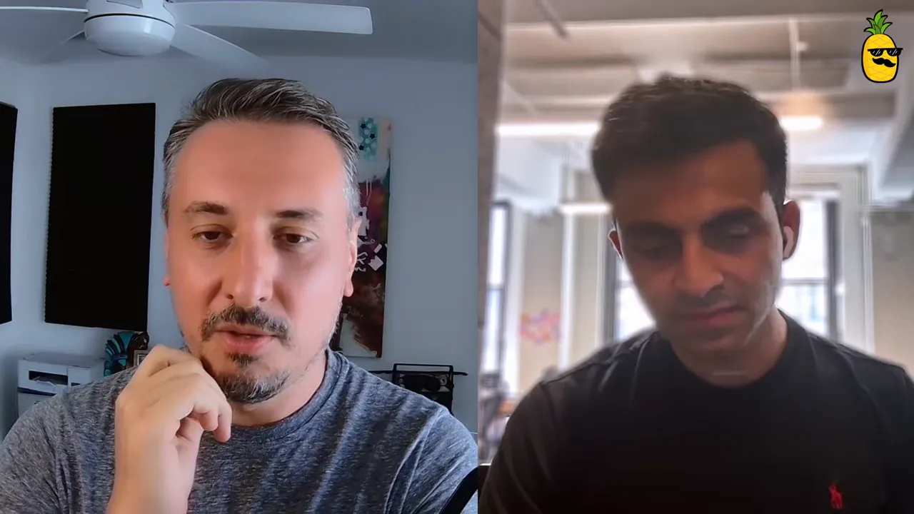 Split‑screen interview showing a host and a guest in home and office settings talking about AI‑enabled mortgages and product strategy.