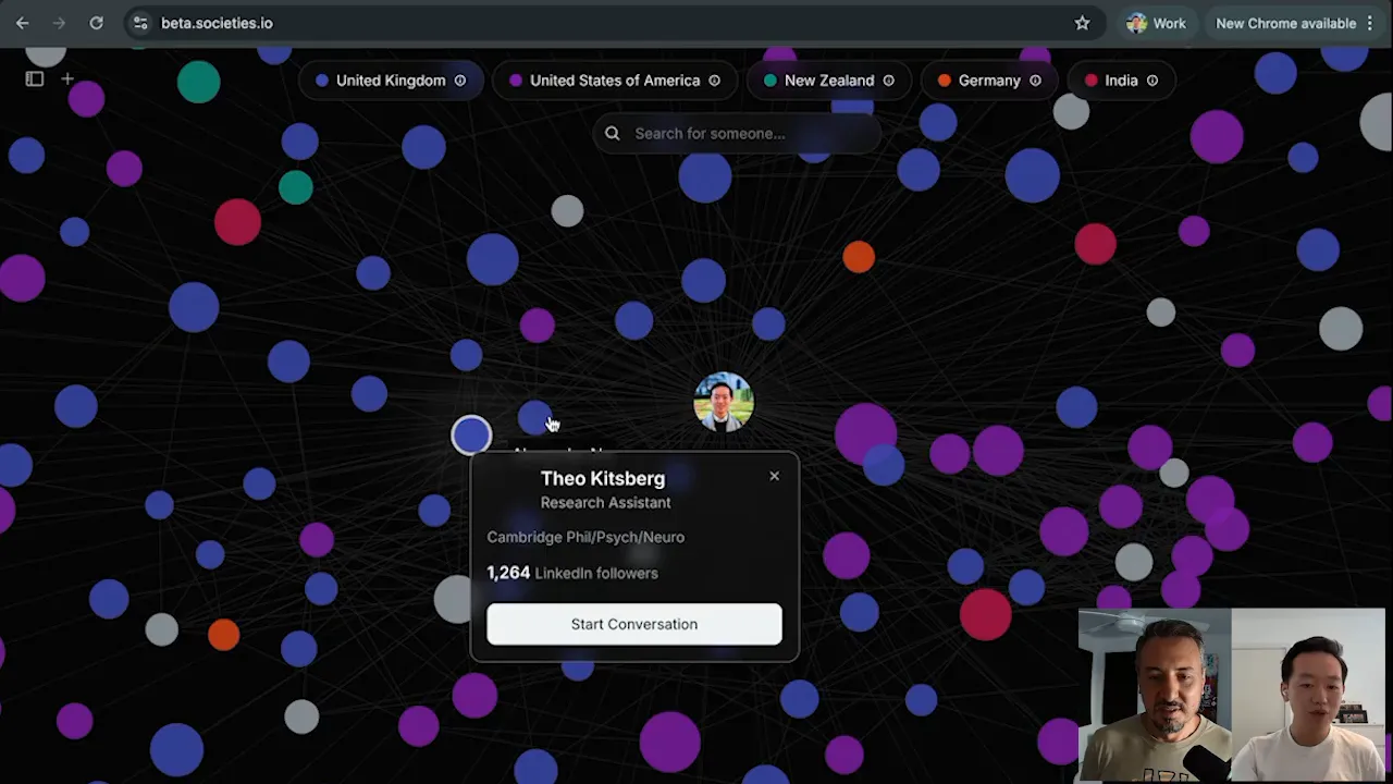 Artificial Societies interface: a network of dots representing LinkedIn contacts and clusters