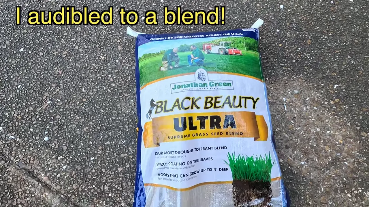 Bag of cool-season grass seed blend sitting on pavement