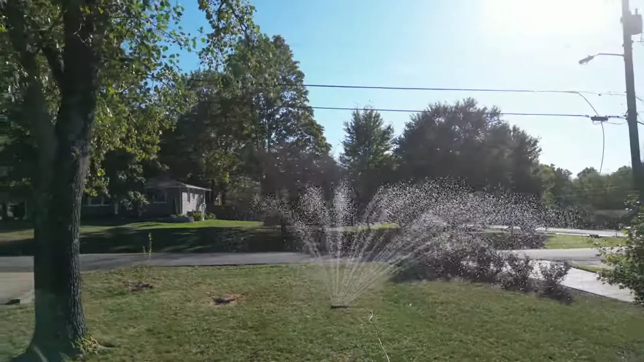 Sprinkler watering a residential lawn to keep new grass seed moist