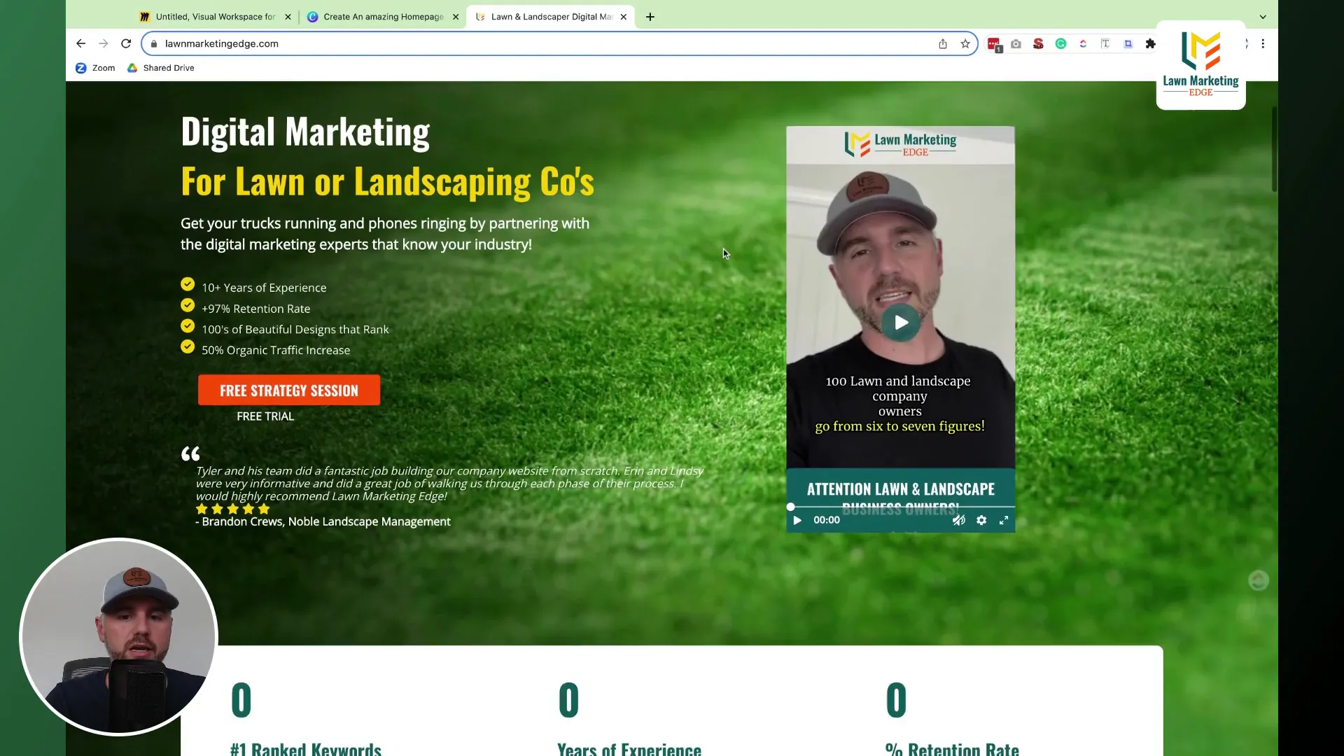 Sophisticated landscaping homepage hero with vibrant colors and depth
