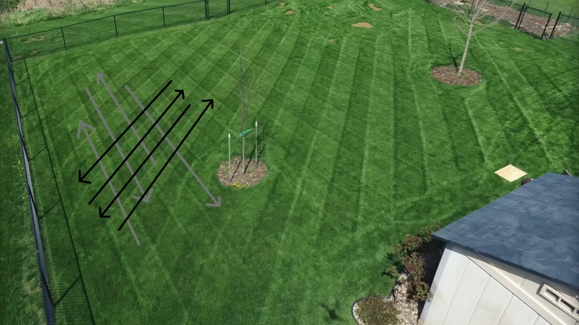 Double cutting lawn at an angle to original stripes