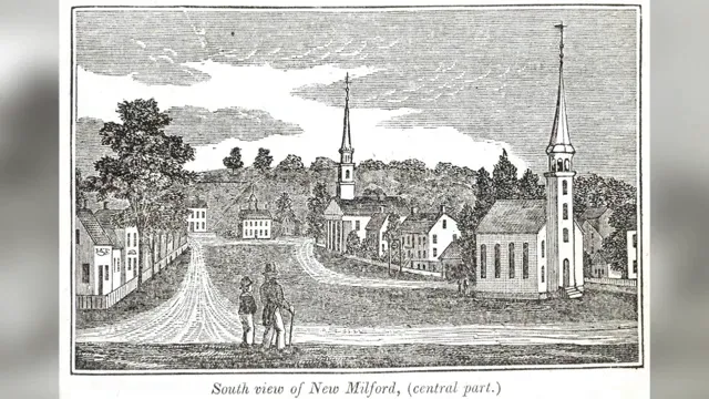 New Milford's long and narrow town green with churches along the street