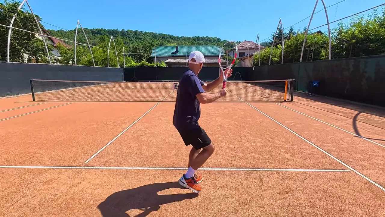 Player moving sideways along the service line to hit a forehand