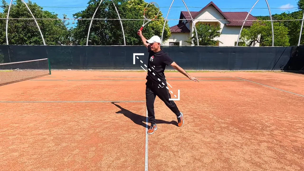 player finishing a one-handed backhand with on-screen arrows indicating body and racket movement