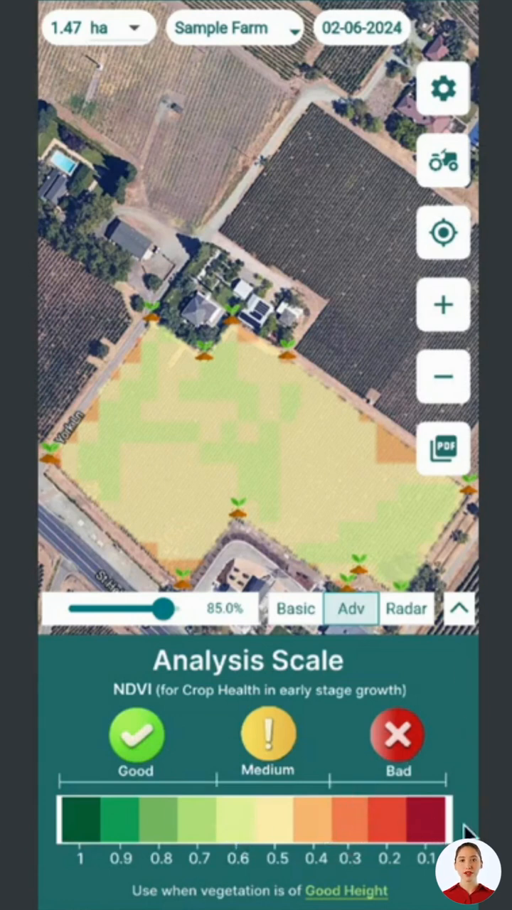 NDVI color-coded map showing crop health variations