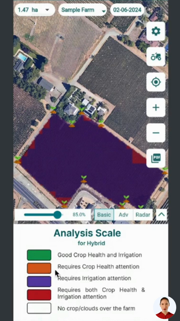 Color-coded map showing crop health and irrigation status