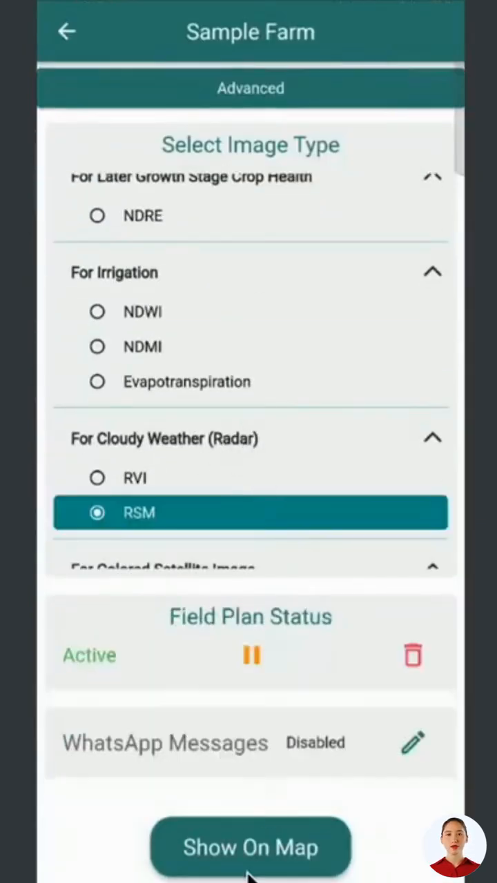 Radar data interface showing RVI and RSM options