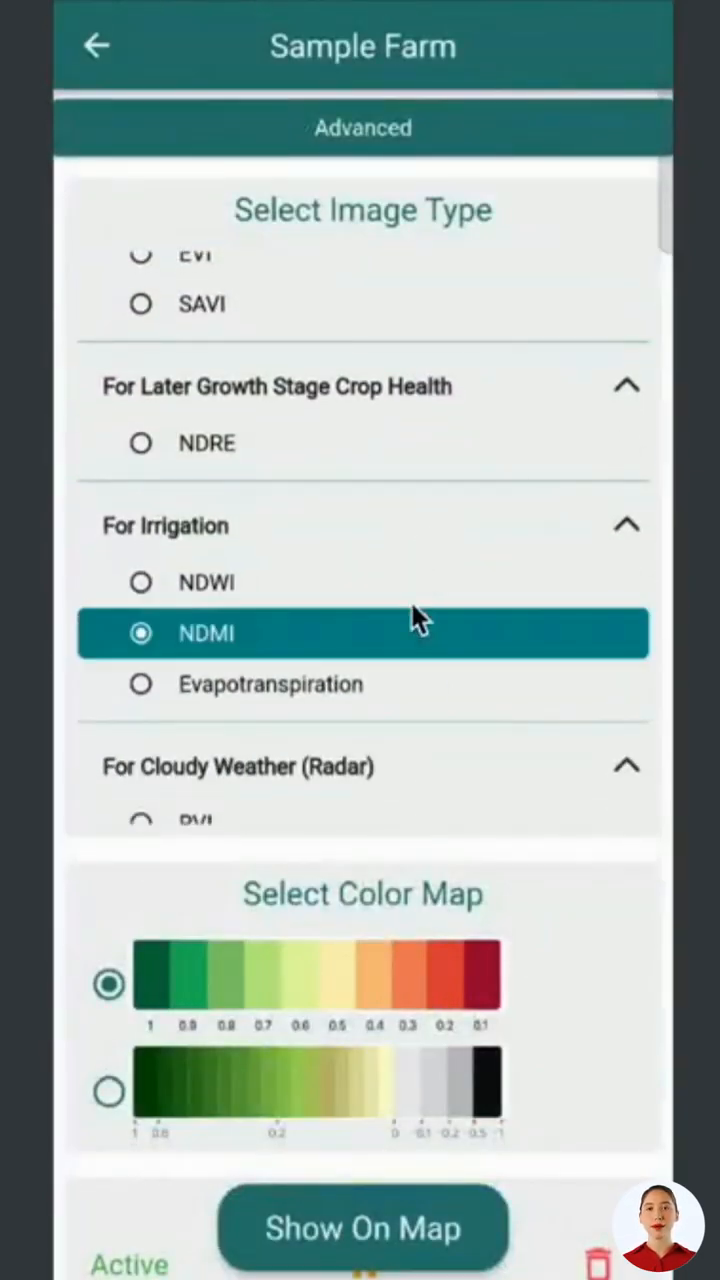 Interface showing NDWI, NDMI, and evapotranspiration data