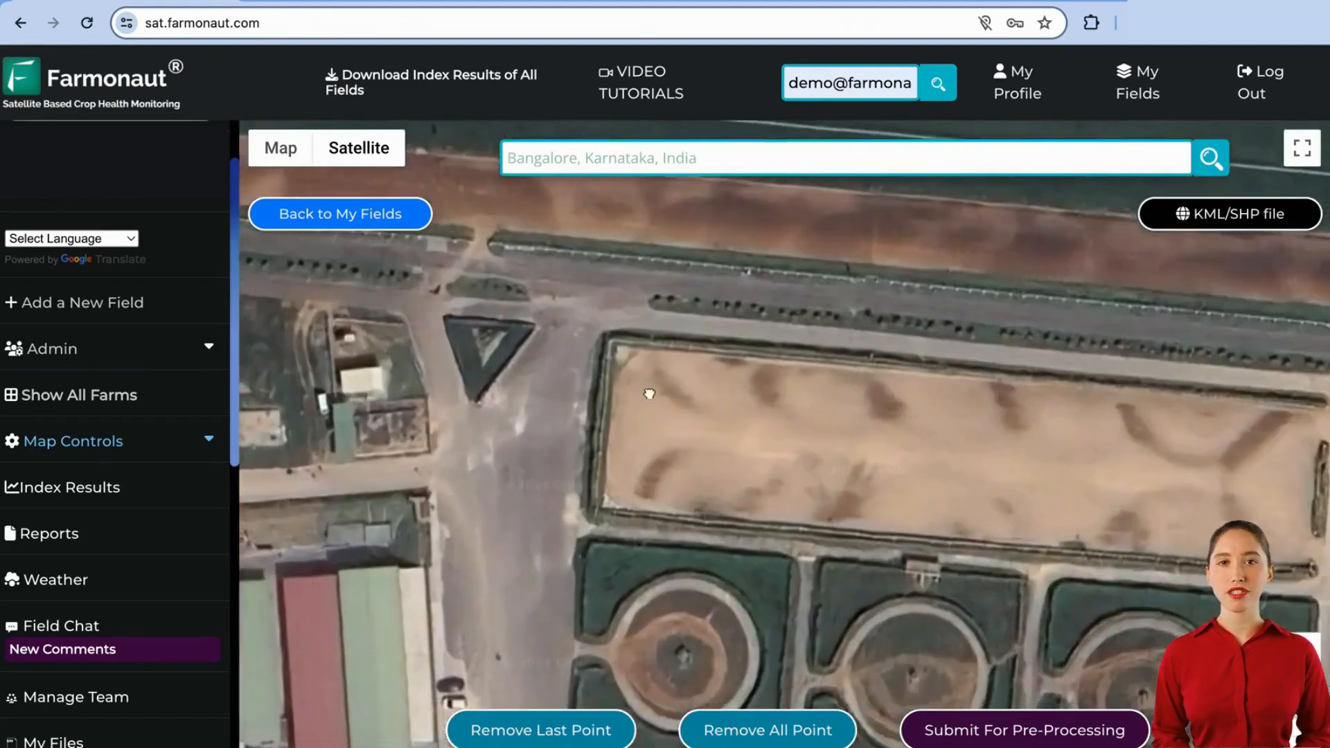 Field mapping interface in Farmonaut's web app