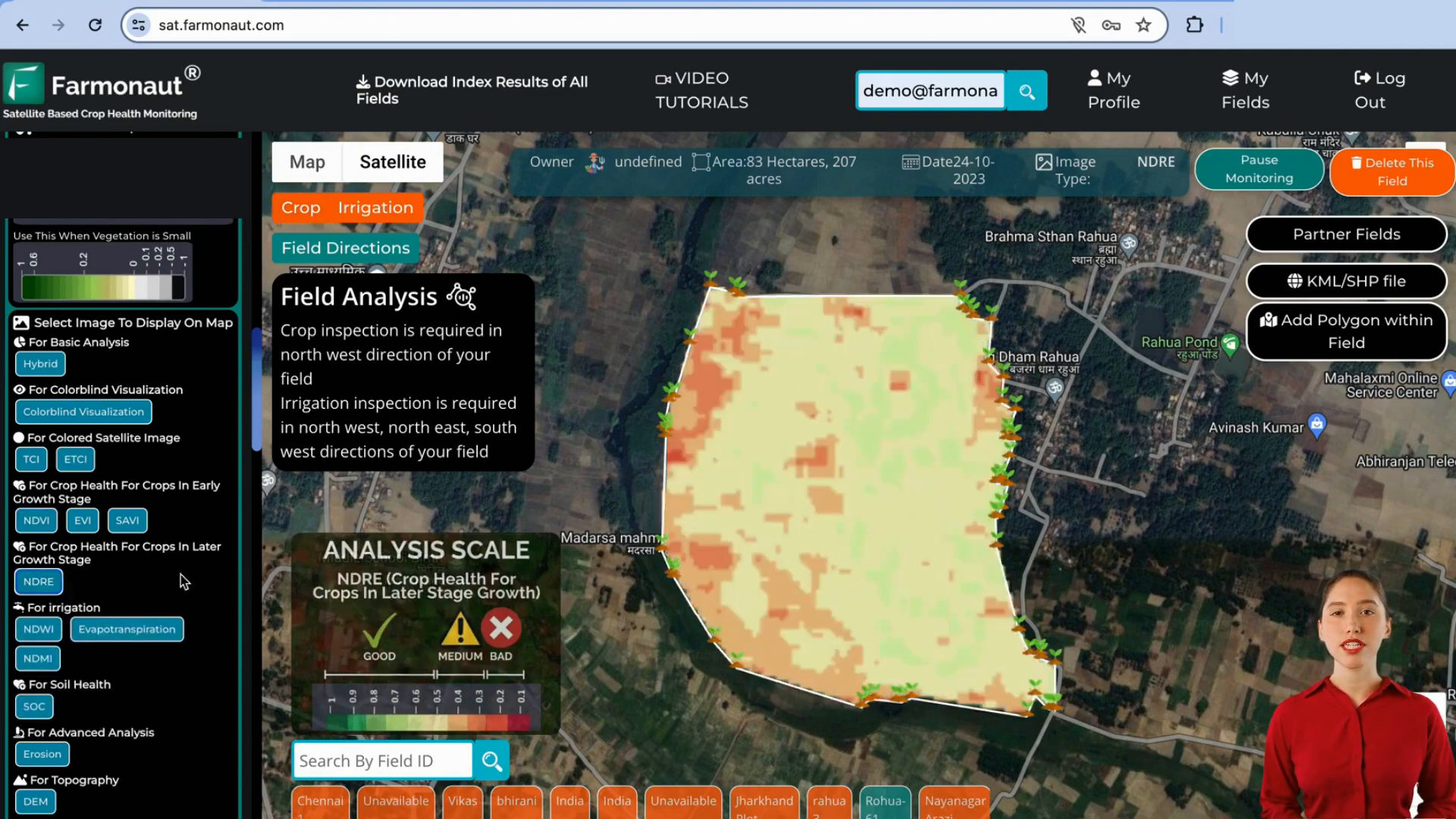 Irrigation index map showing areas of water stress