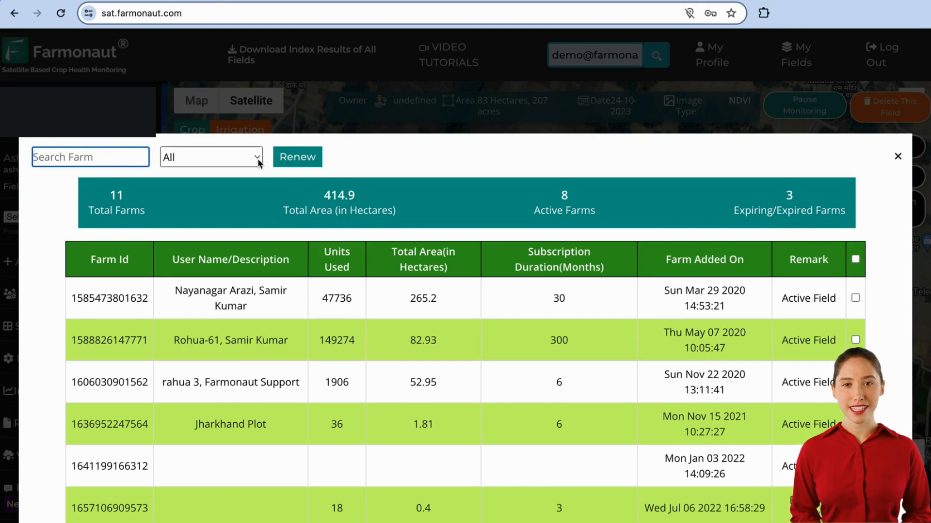 Subscription renewal interface showing farm selection and pricing options