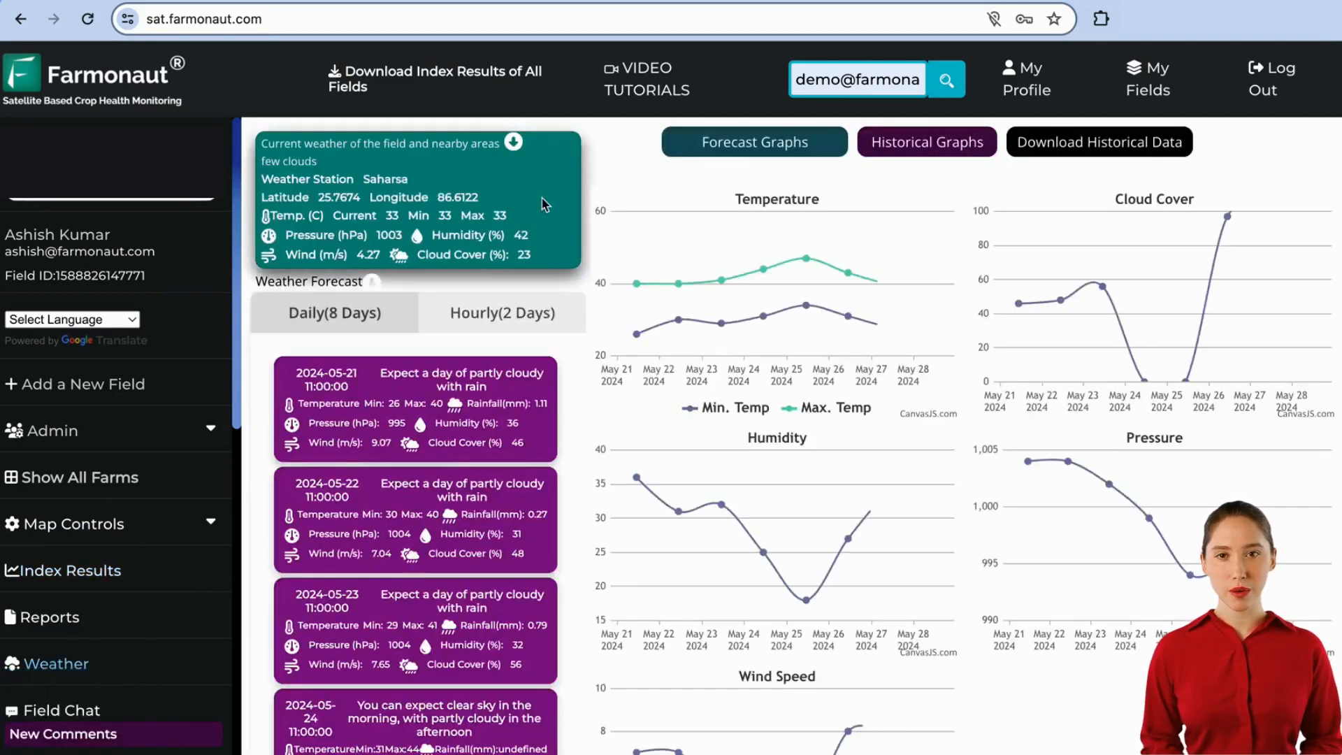 Weather forecast section showing hourly and daily predictions