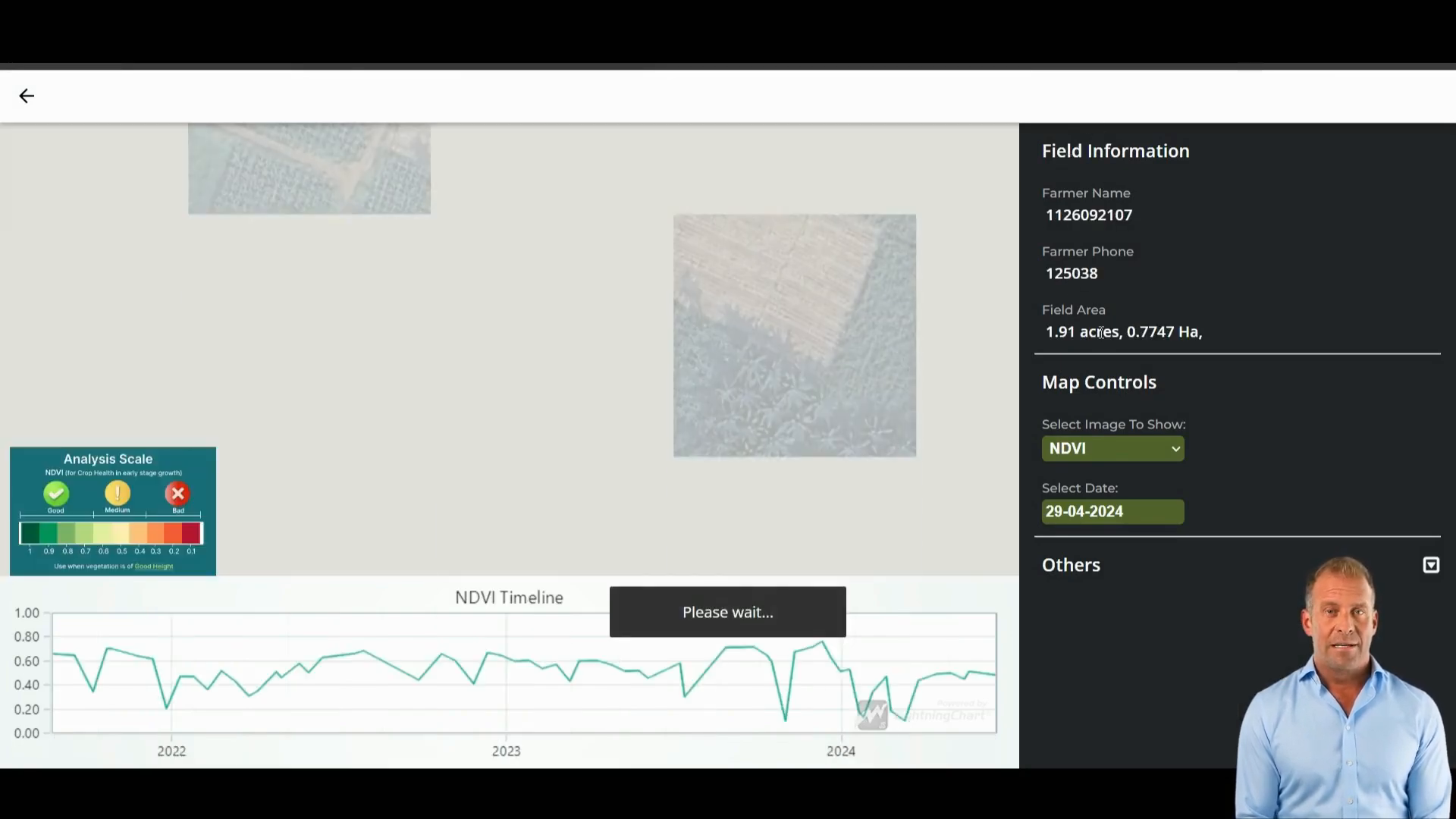 Detailed field information showing crop health and soil moisture data