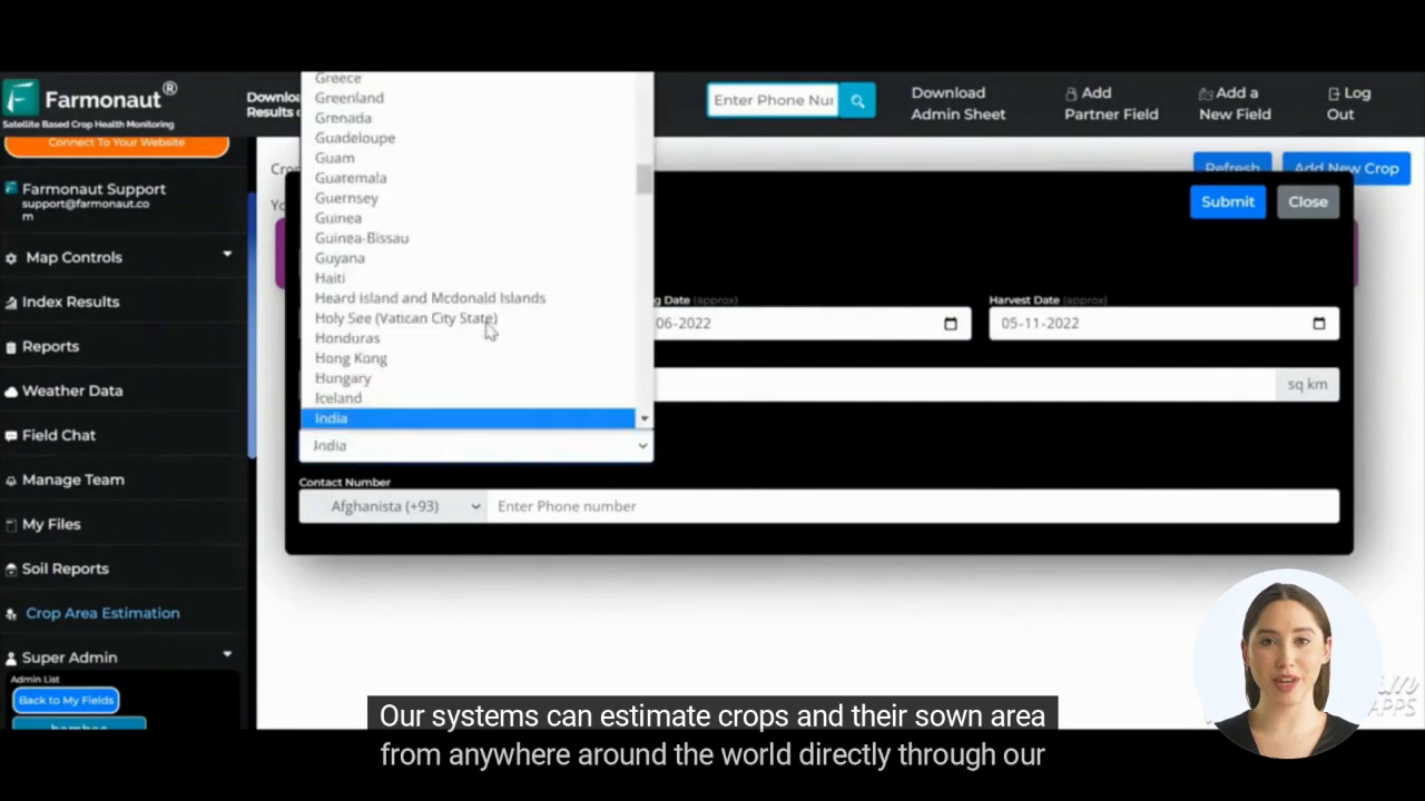 Farmonaut's web-based crop estimation platform