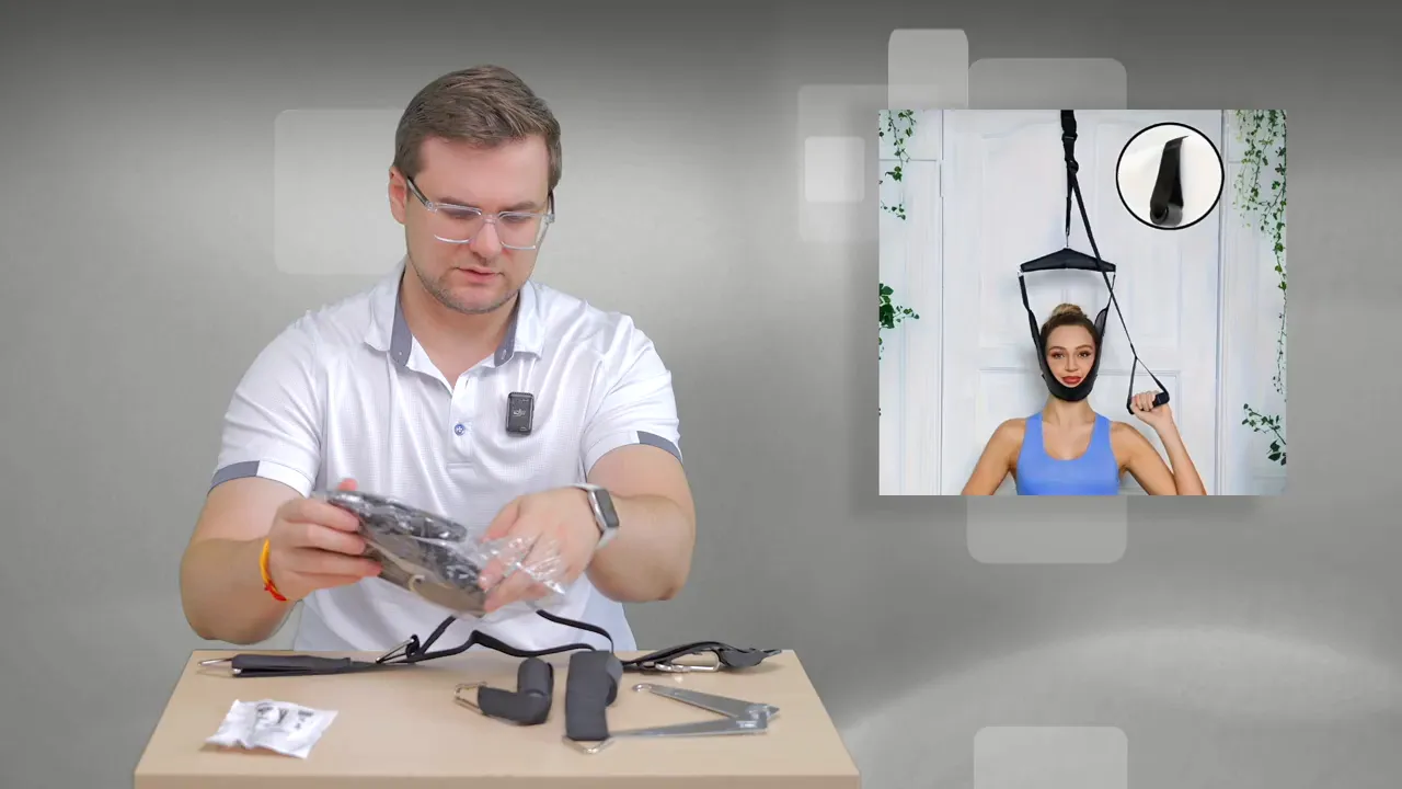 Moderator packt Nackenschlinge aus; rechts große Einblendung zeigt modell mit Kinnstütze und Traktionsschlinge