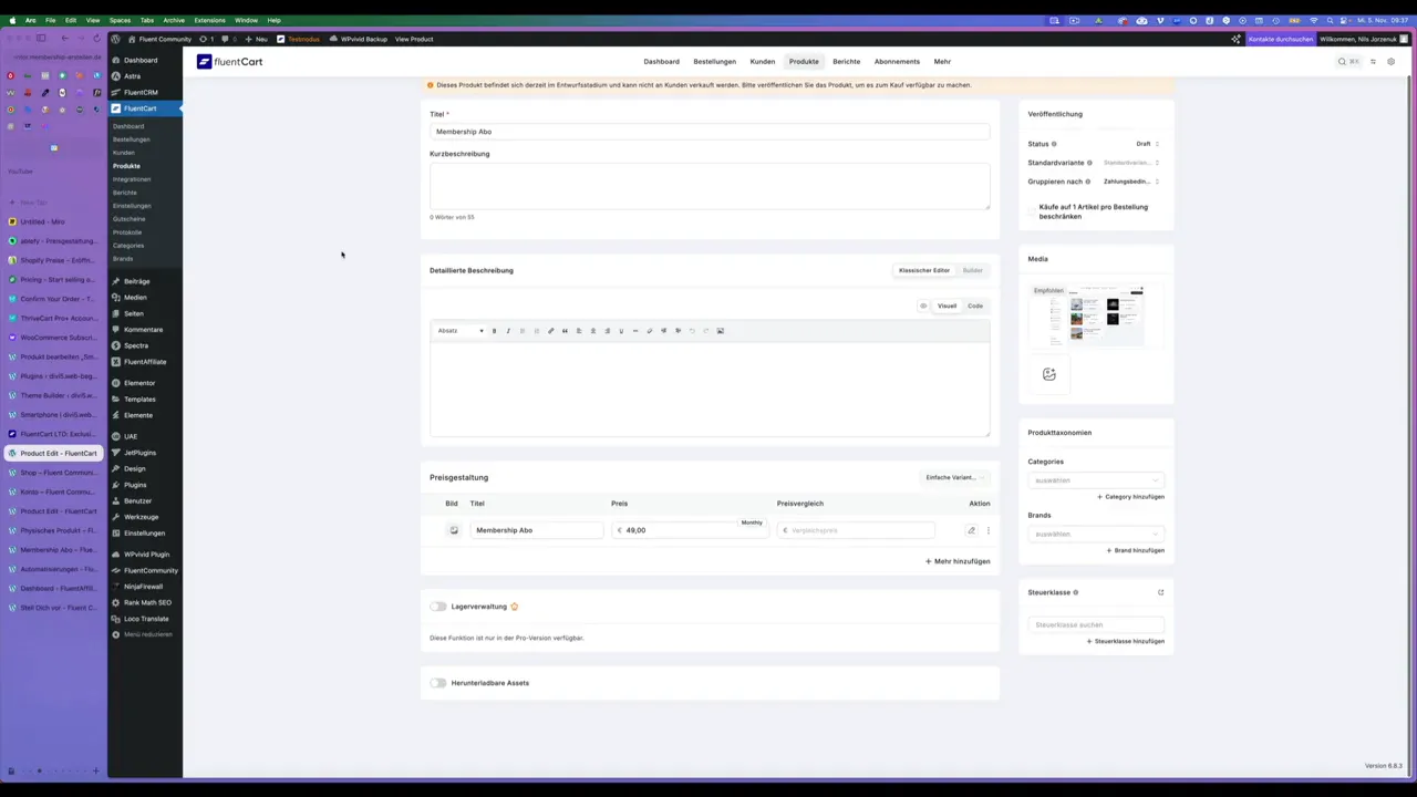 Fluent Cart E-Commerce Plugin digitales Membership-Abo anlegen