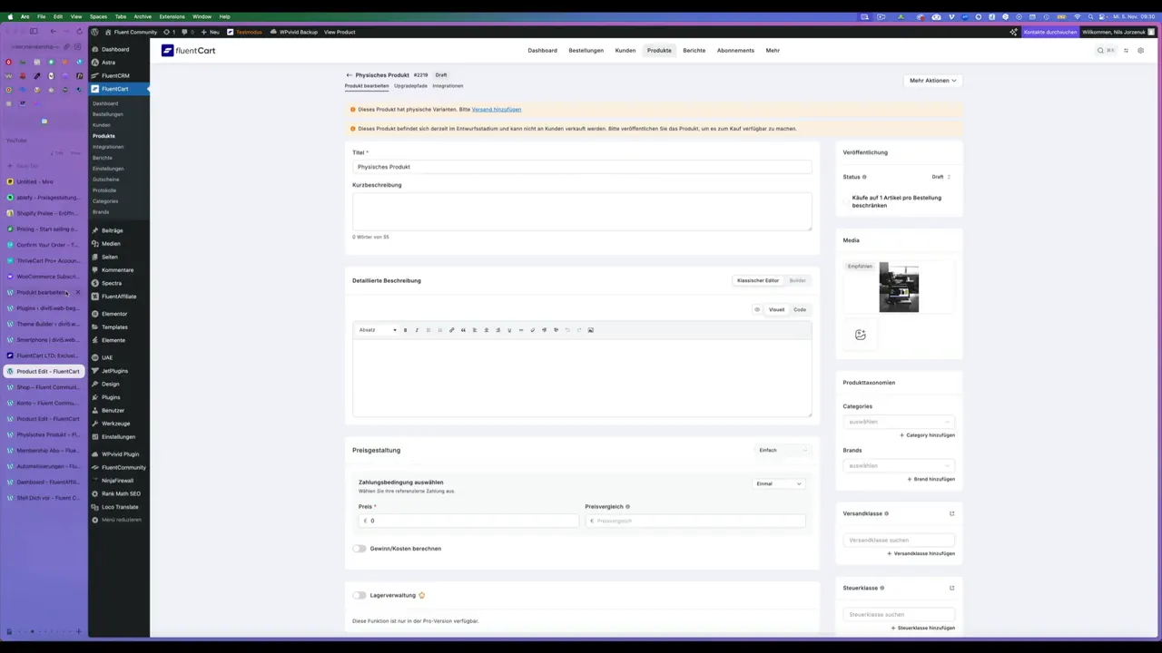 Fluent Cart E-Commerce Plugin physisches Produkt anlegen