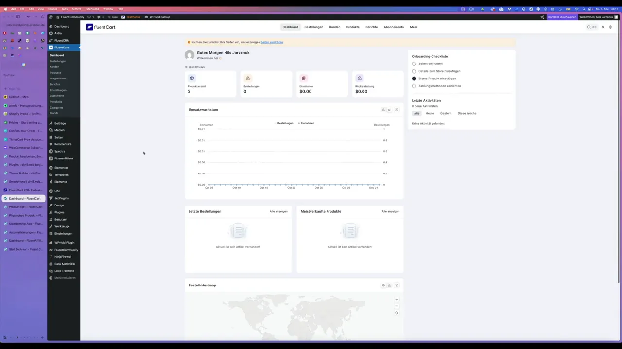 Fluent Cart E-Commerce Plugin Dashboard Heatmap und Übersicht
