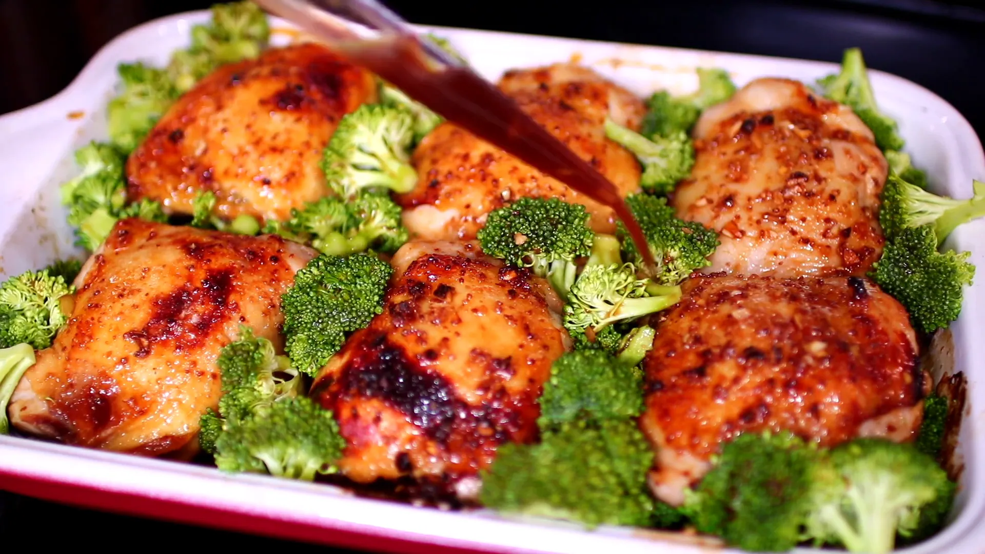 Basting chicken and broccoli