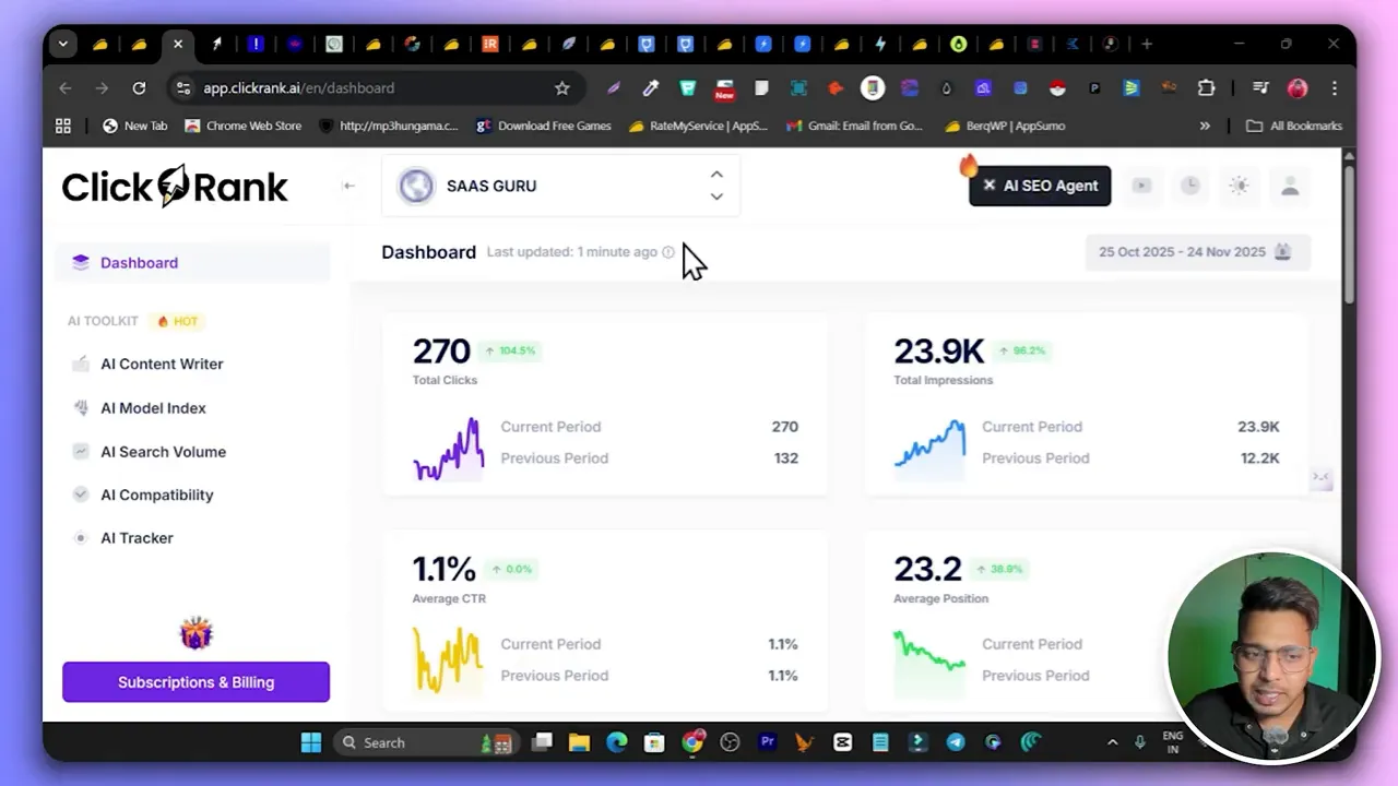 Clear ClickRank dashboard screenshot with total clicks, total impressions, average CTR and average position