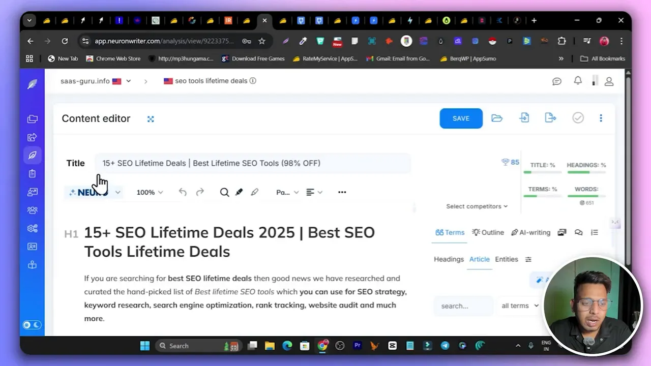 NeuronWriter content editor showing the article title '15+ SEO Lifetime Deals 2025 | Best SEO Tools Lifetime Deals', H1 text and right-side SEO metrics and term suggestions, with a presenter video overlay.
