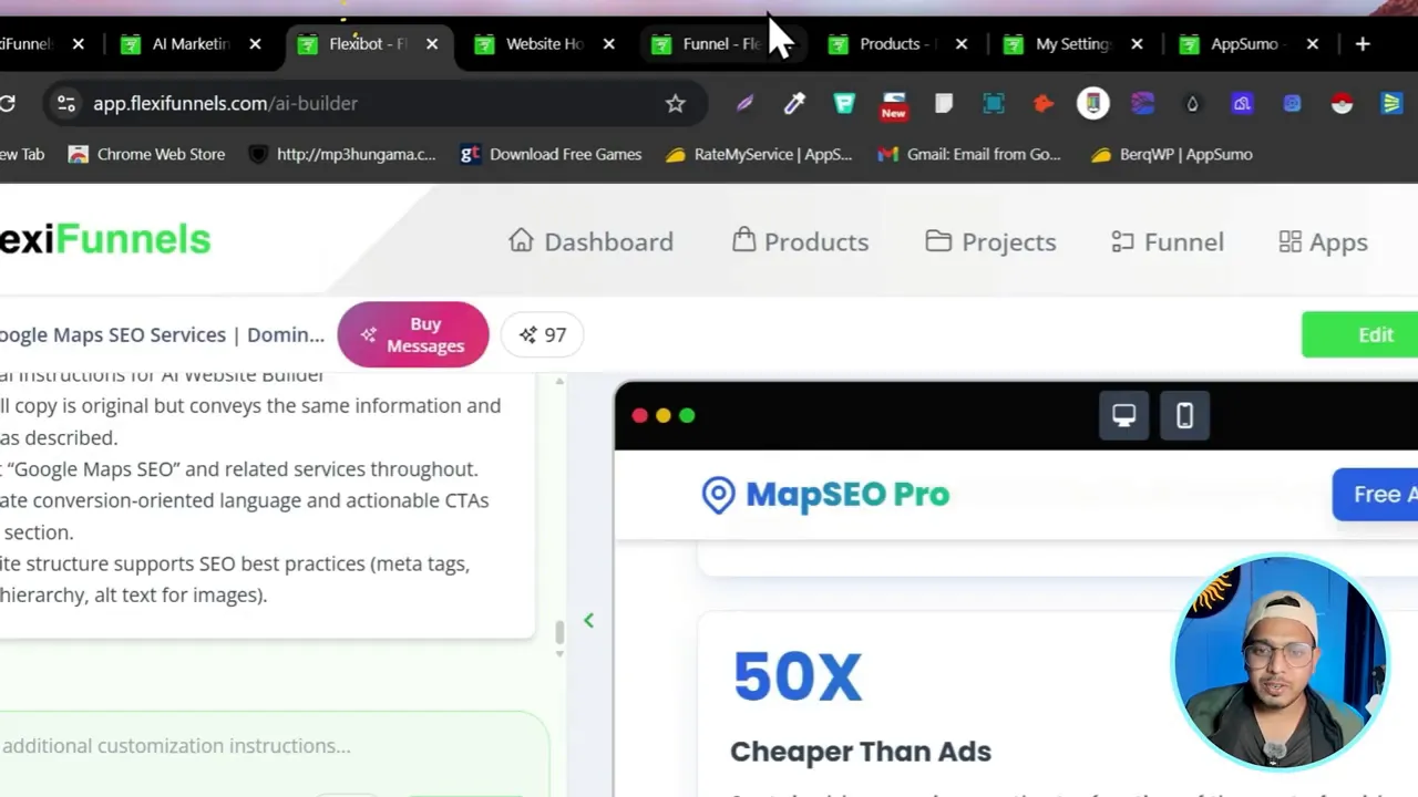 FlexiFunnels dashboard showing AI site builder with a template preview and presenter thumbnail