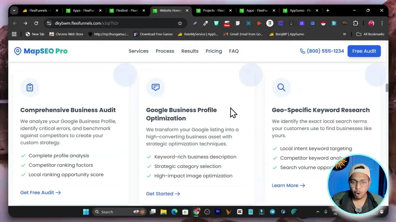 FlexiFunnels template preview with three service cards for SEO services on a generated landing page
