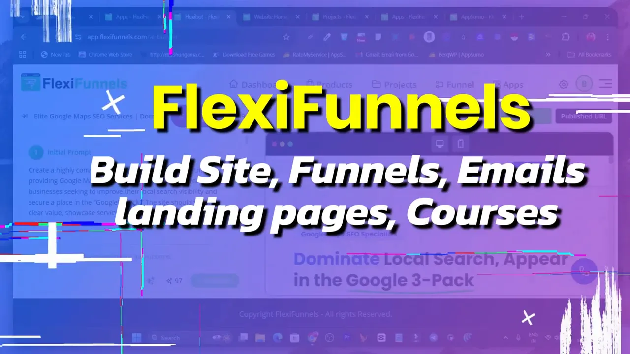 FlexiFunnels title graphic: build sites, funnels, emails and landing pages