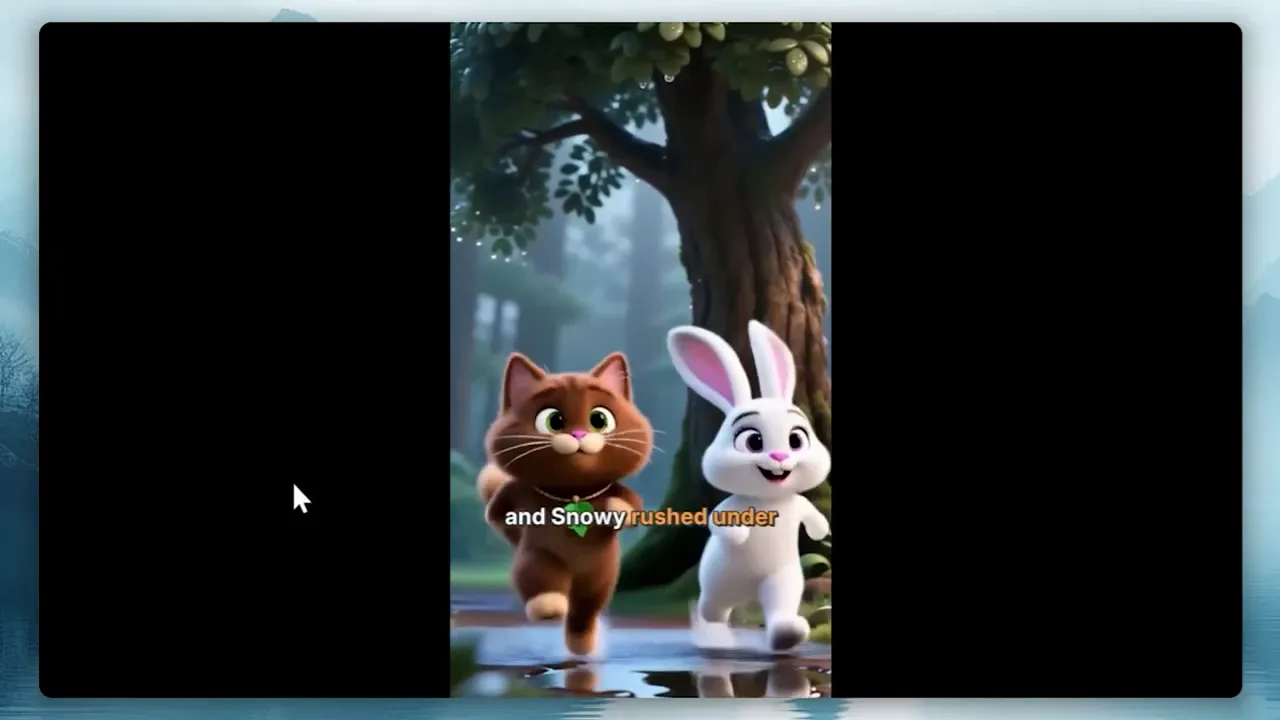 Animated brown cat and white rabbit running in a forest scene from a Mootion demo, high-quality render
