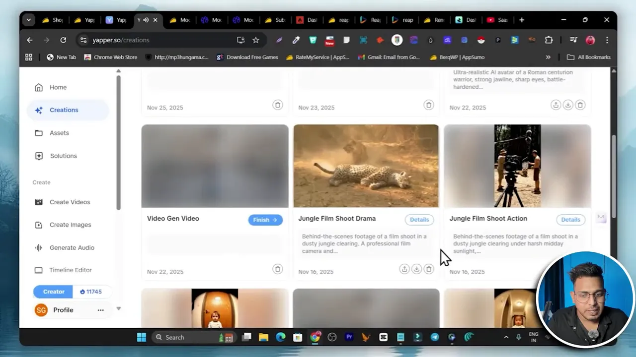 Yapper creations grid showing sample generated videos with titles, dates and the left navigation pane