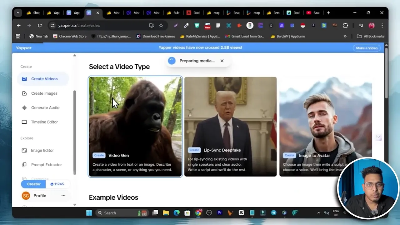 Yapper interface highlighting video type options: Video Gen, Lip‑Sync Deepfake, and Image to Avatar