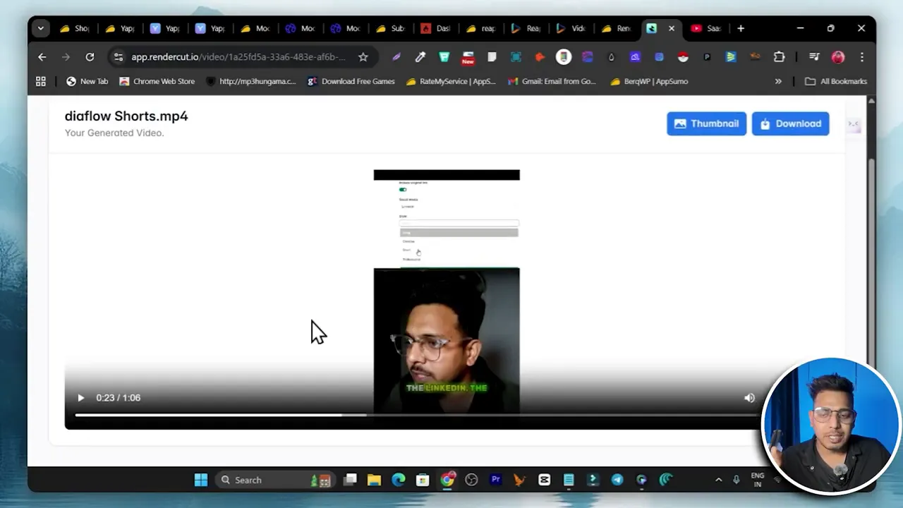 Rendercut video preview showing green caption text on a vertical clip, playback bar, and Download and Thumbnail buttons in the top-right