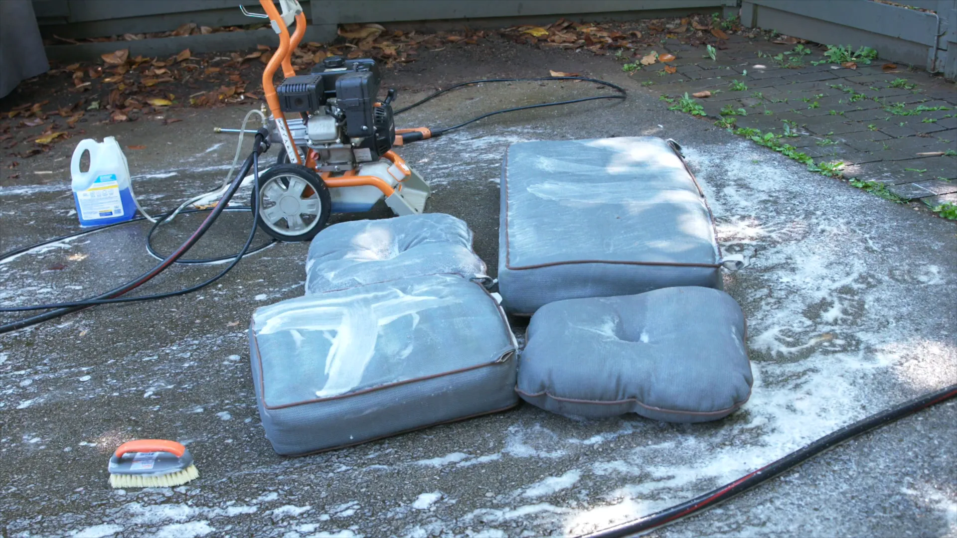 Cleaning solution setting on outdoor cushions