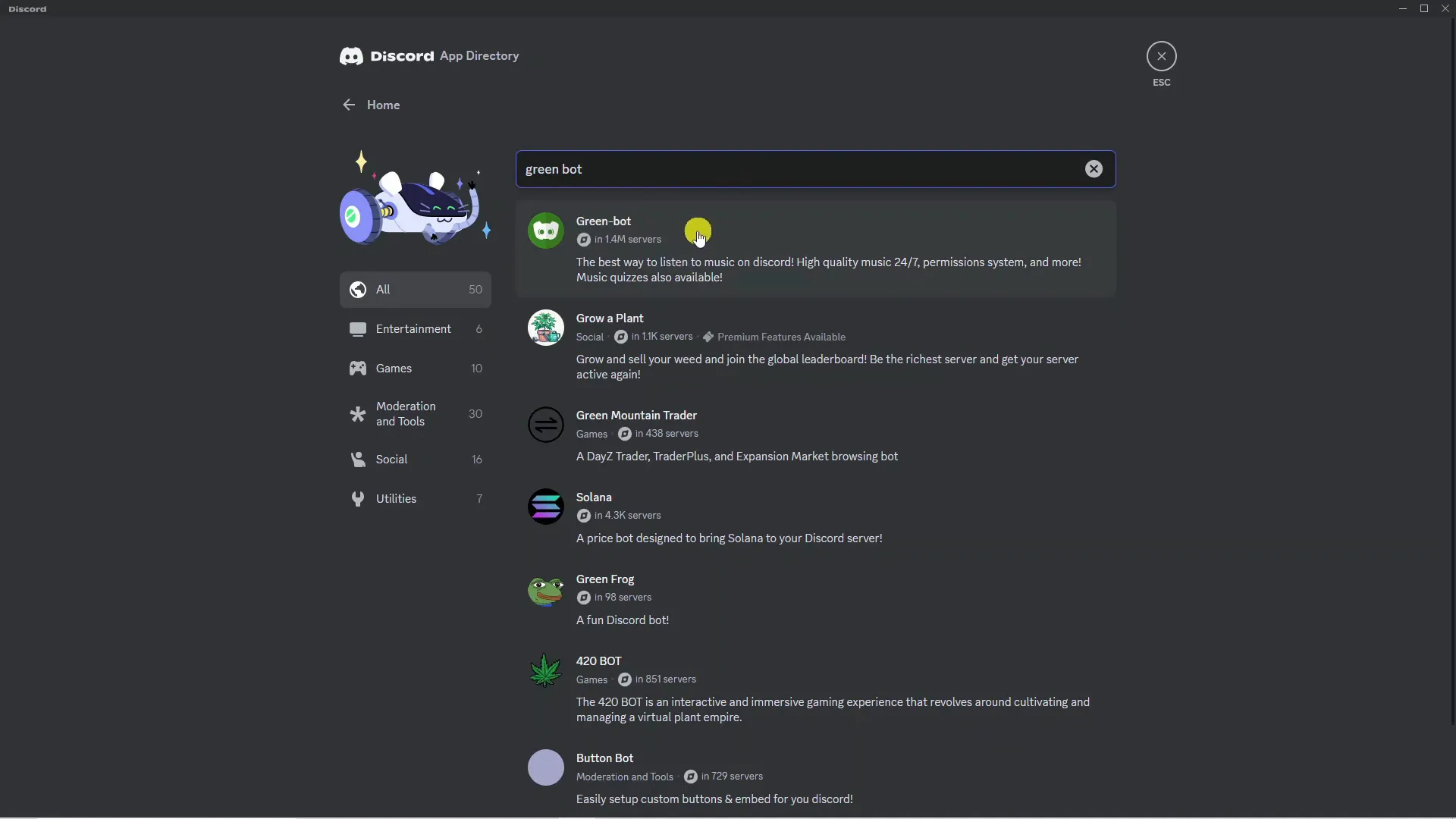 Searching for Green Bot in Discord